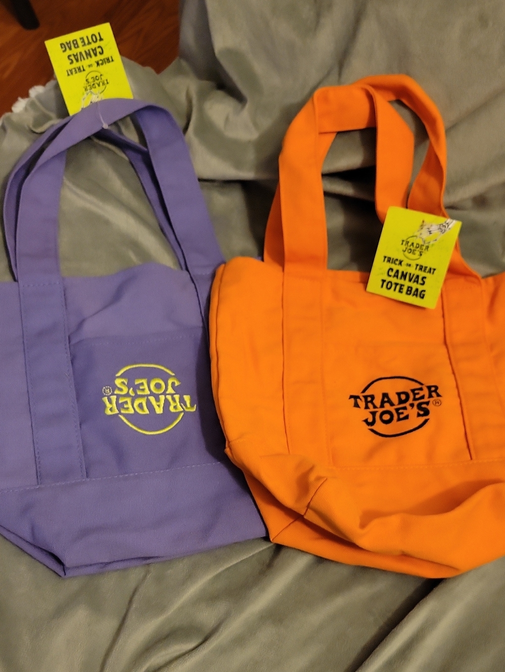 Rare Upside Down Trader Joe's Canvas Tote Bag Purple. Wiyh A Orange Bag